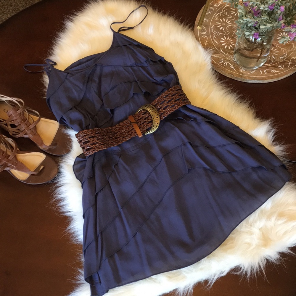 Casual mini navy blue dress with layering detail